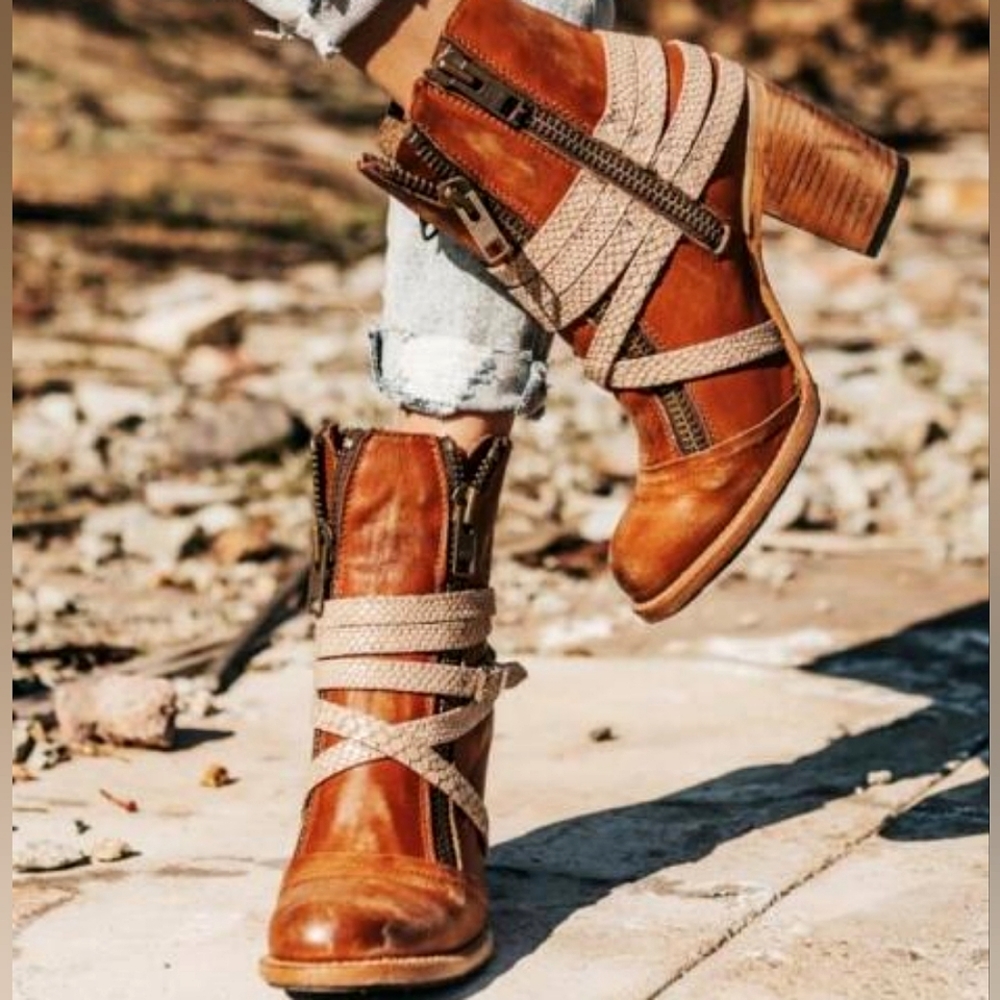 NEW FREEBIRD BY STEVEN BALBOA TAN RUST MULTI CROCO BELTED STRAPPY BOOTIES